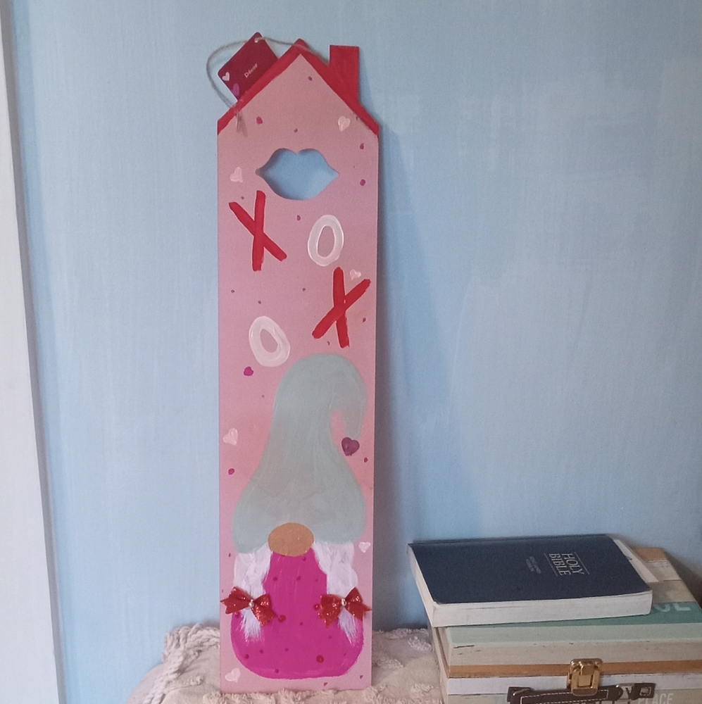 Gnome Valentine pastel pink teal hanging leaning wood sign XOXO
